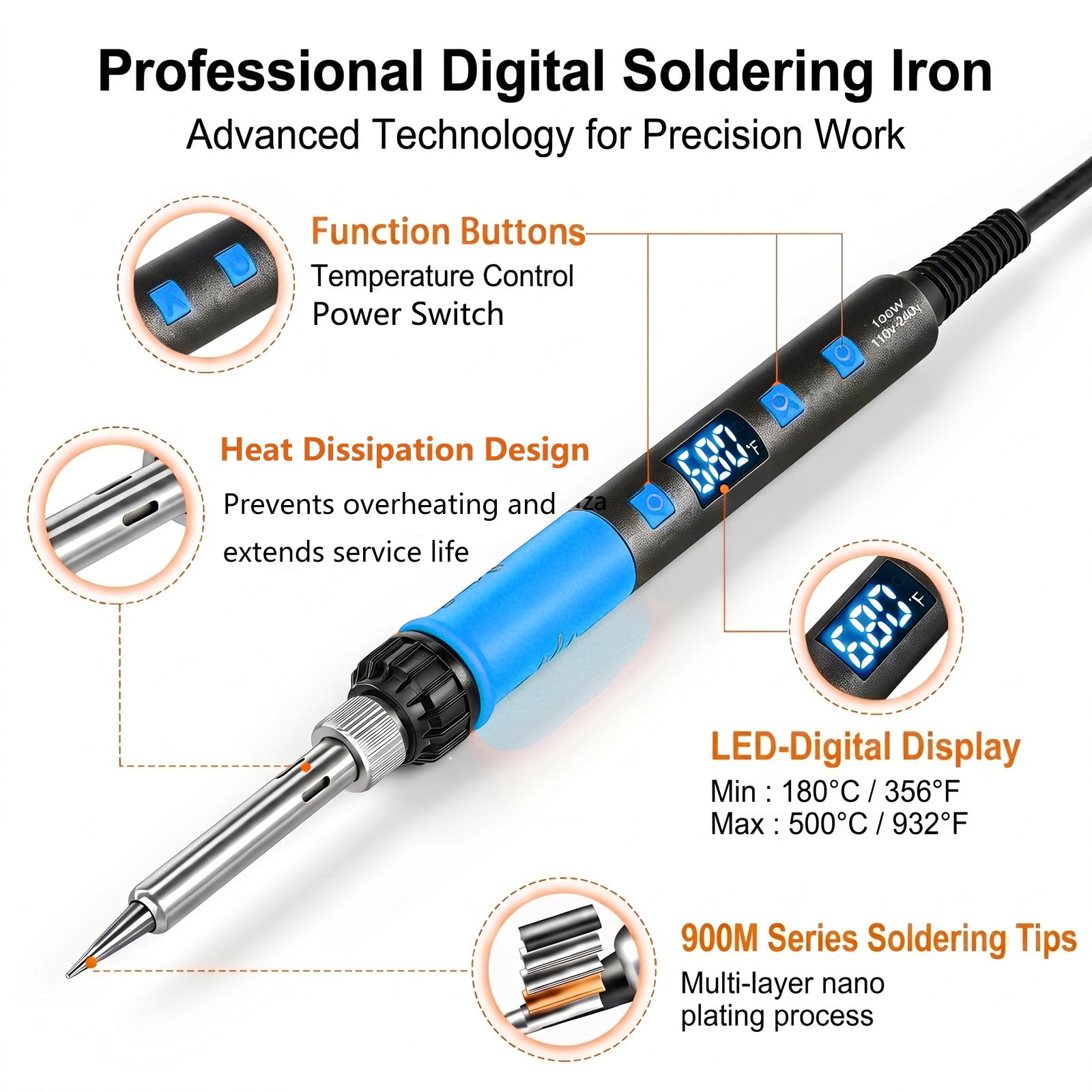 OIDJK-01 100W 7-in-1 Soldering Iron Kit, 180°C-500°C, Multifunctional Anti-slip Stand, Auto Sleep Mode (Blue)