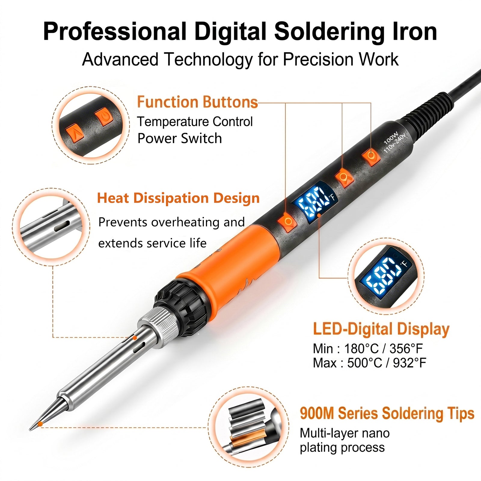 OIDJK-01 100W 7-in-1 Soldering Iron Kit, 180°C-500°C, Multifunctional Anti-slip Stand, Auto Sleep Mode (Orange)