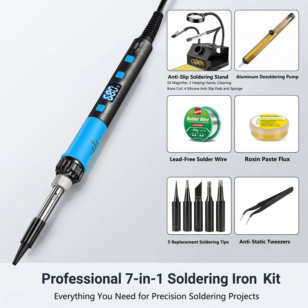 OIDJK-01 100W 7-in-1 Soldering Iron Kit, 180°C-500°C, Multifunctional Anti-slip Stand, Auto Sleep Mode (Blue)