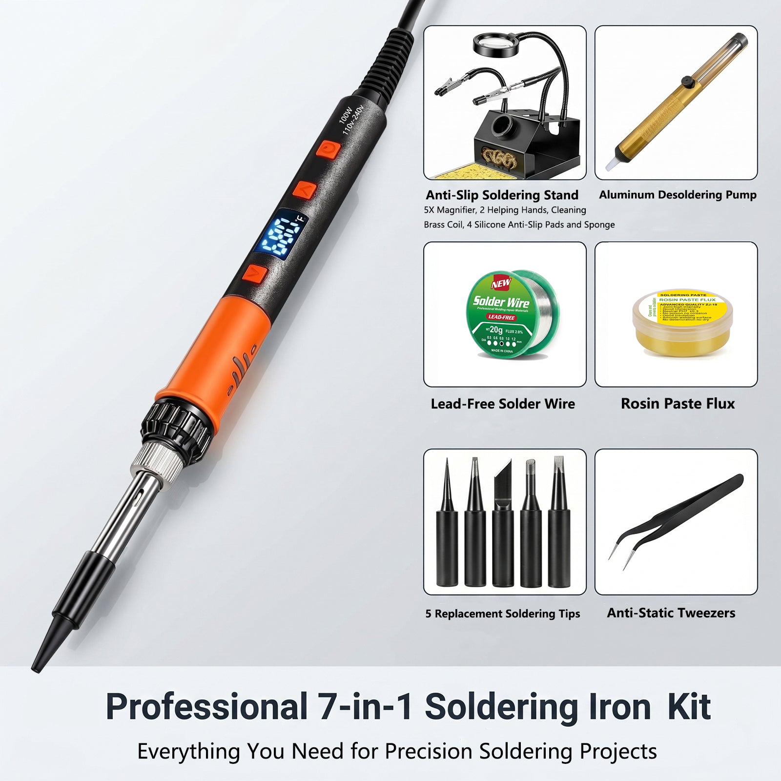 OIDJK-01 100W 7-in-1 Soldering Iron Kit, 180°C-500°C, Multifunctional Anti-slip Stand, Auto Sleep Mode (Orange)